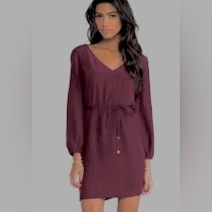 VERA MODA women’s dress. Burgundy. Roll up sleeve. Drawstring belted waist.Lined